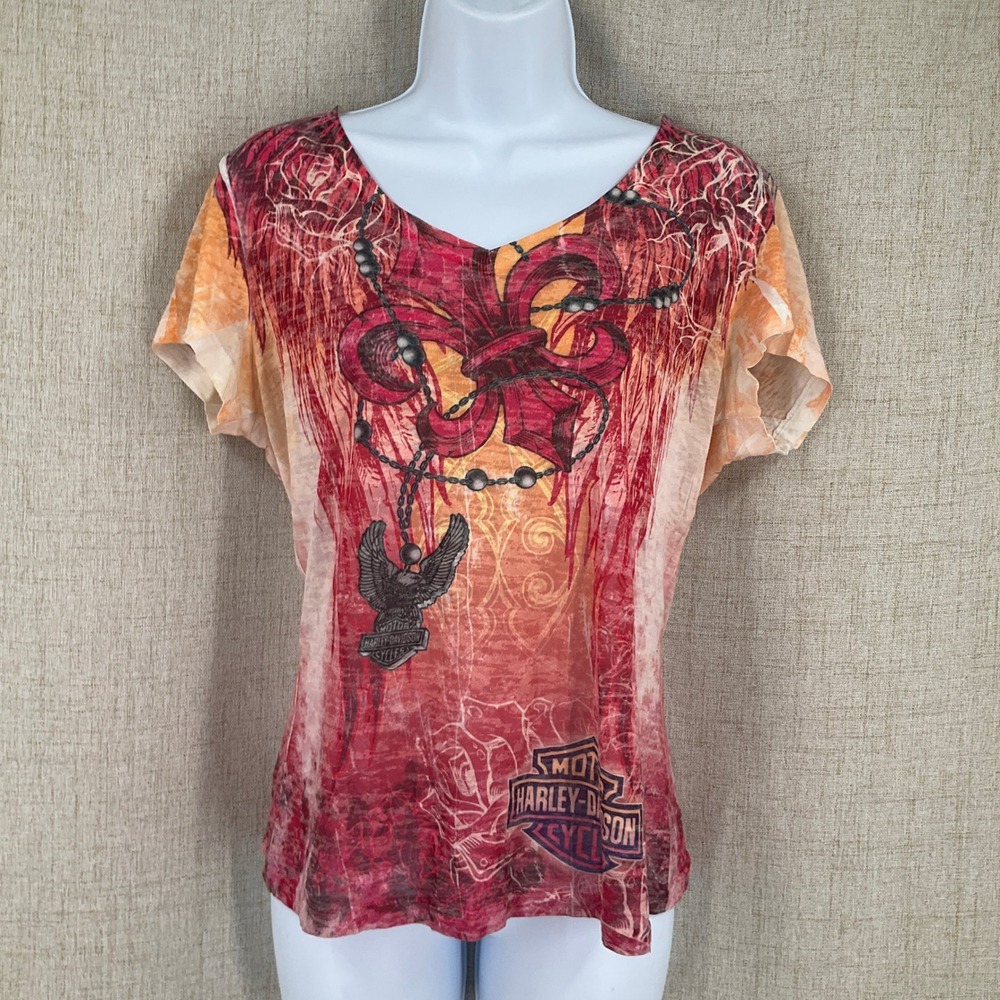 Harley Davidson‎ T Shirt Women Sz L Red Orange Burnout Graphic Biker Edgy Y2K